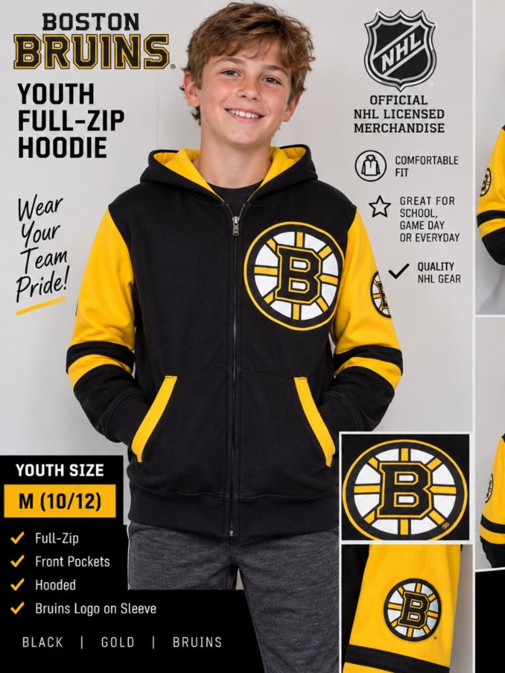 Boston Bruins Youth Full-Zip Hoodie – Size M 10/12